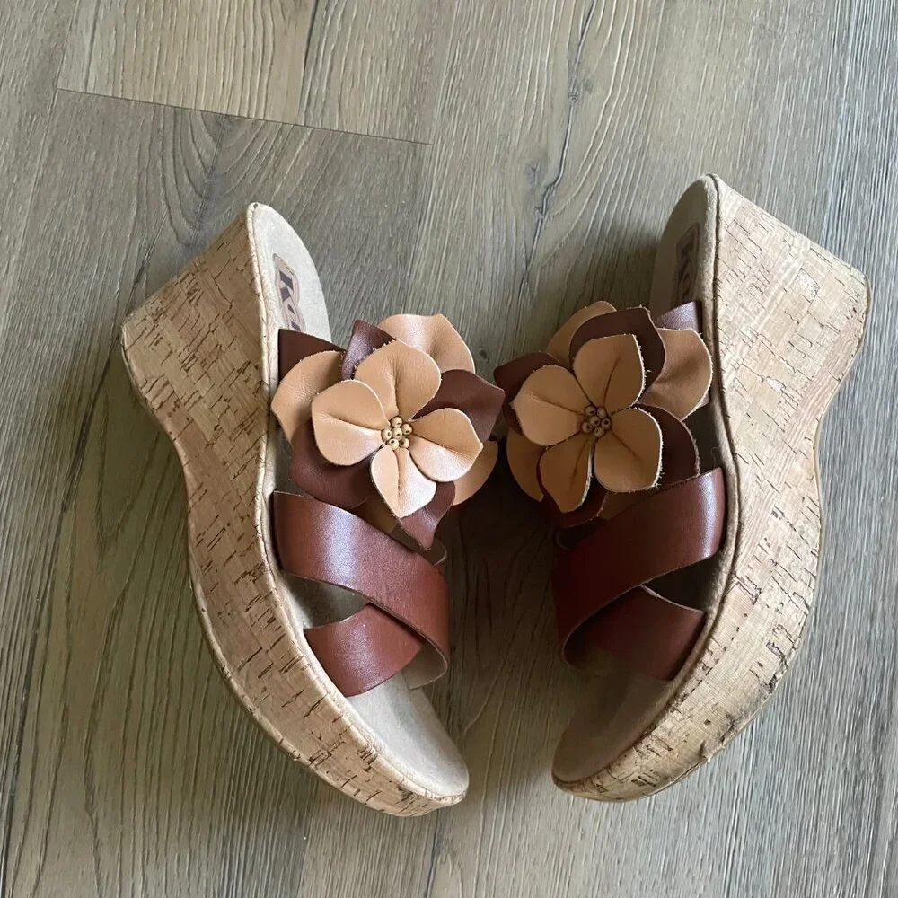 Korks Rosette Cork Wedge Sandals Leather Flower Women's 8 Y2K Summer Brown! - Picture 6 of 8